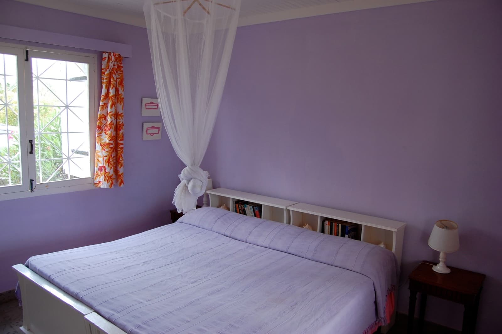 Blue-curtained bedroom